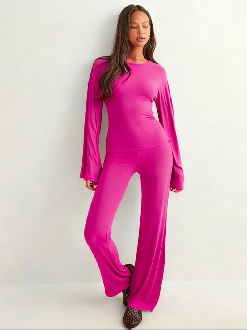 Chic Women's Fall Round Neck Flare Sleeve Top & Elastic Waist Straight Leg Pants Set - Casual Daily Wear!