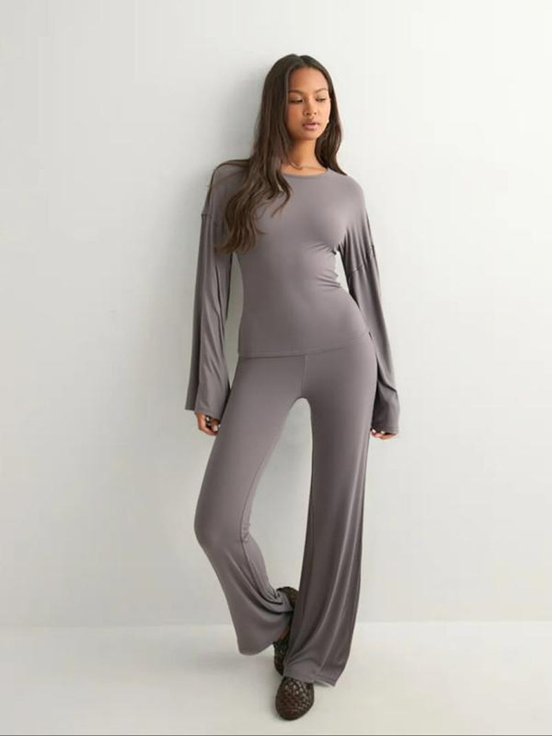 Chic Women's Fall Round Neck Flare Sleeve Top & Elastic Waist Straight Leg Pants Set - Casual Daily Wear!