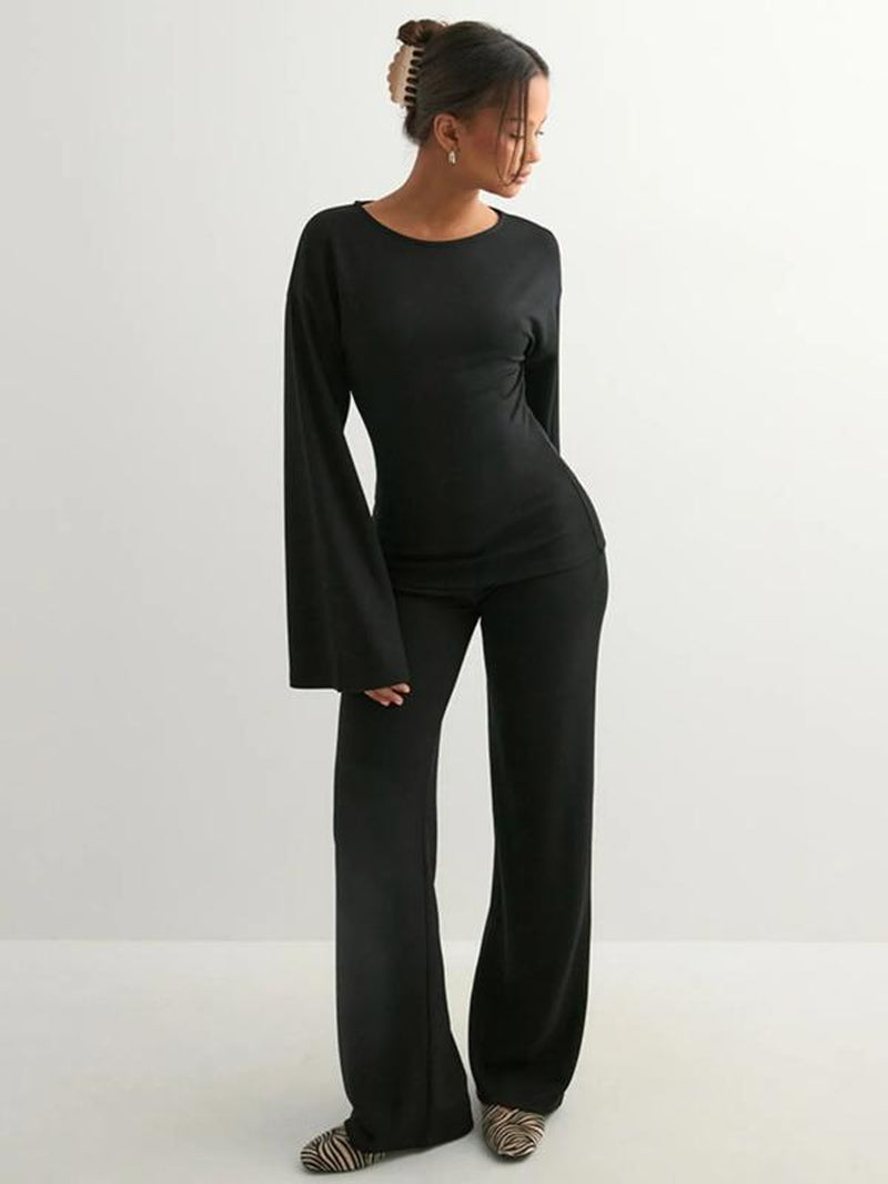 Chic Women's Fall Round Neck Flare Sleeve Top & Elastic Waist Straight Leg Pants Set - Casual Daily Wear!