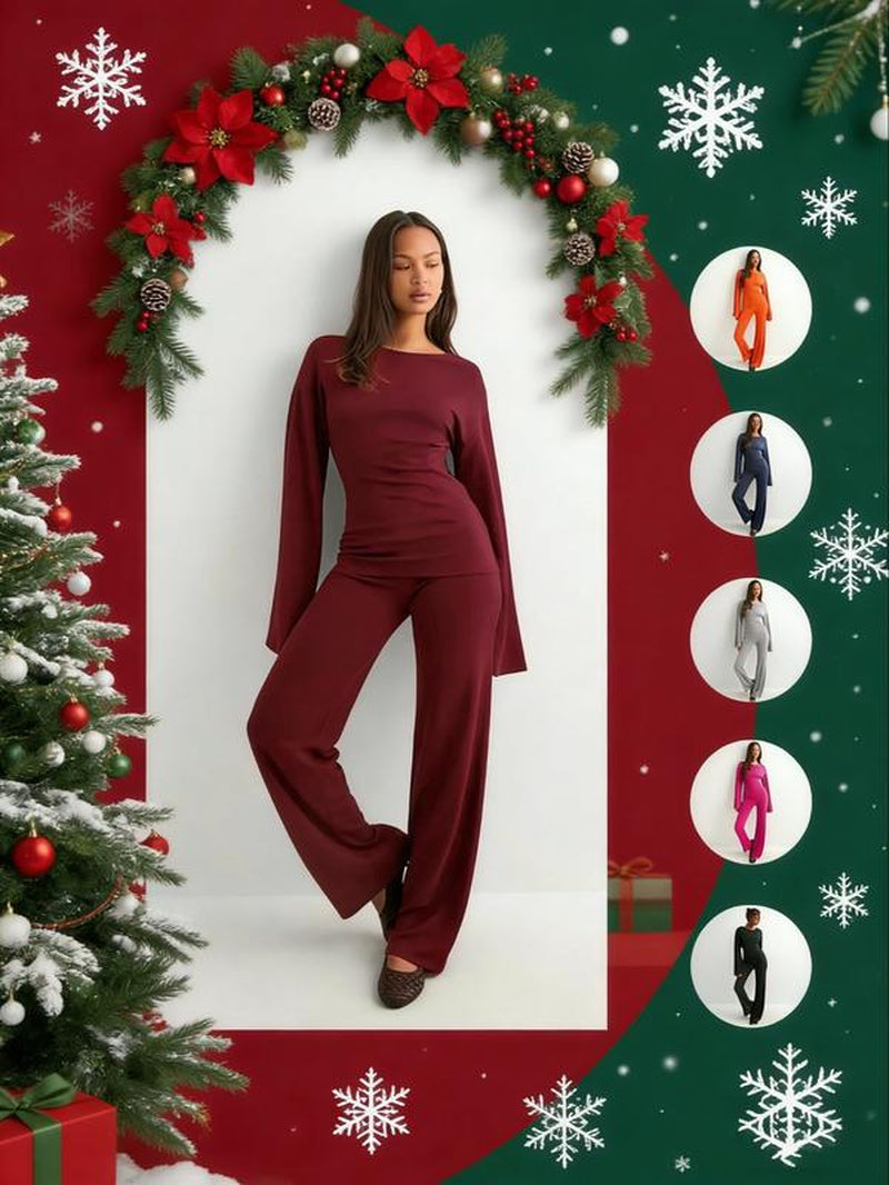 Chic Women's Fall Round Neck Flare Sleeve Top & Elastic Waist Straight Leg Pants Set - Casual Daily Wear!